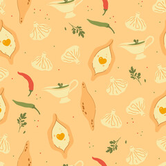 Seamless pattern with khinkali, khachapuri and sauce. Vector graphics.