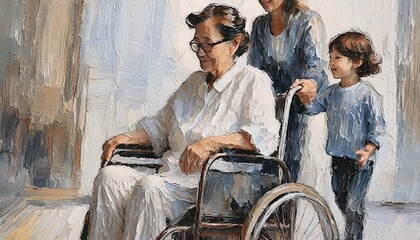 車椅子に乗ってる人を手助けする医療現場の人　イラスト - obrazy, fototapety, plakaty