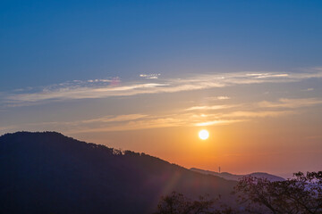 綺麗な朝日が昇る神奈川県山中の景色