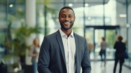Fototapeta premium Portrait of a successful black businessman against the office space background with space for text, AI generated