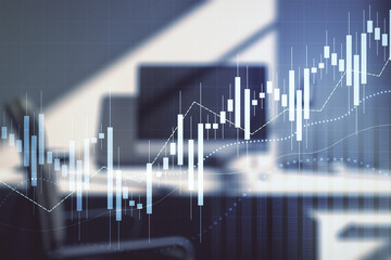 Multi exposure of abstract creative financial chart and modern desktop with laptop on background, research and analytics concept