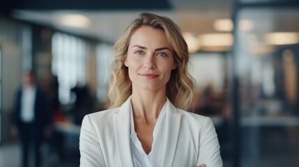Fototapeta premium Portrait of a successful white businesswoman against the office space background with space for text, AI generated