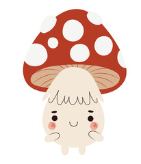 Adorable mushroom creature with hands and feet smiling and blushing, hand drawn isolated vector illustration