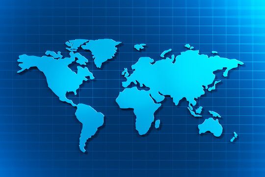 Blue digital world map 3d earth globe graphic design on 3d global planet international geography background of continent worldwide communication technology virtual cyberspace business network concept.