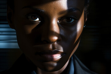  Empowered Portrait: A close-up portrait of an office worker with dynamic lighting casting strong shadows, creating a powerful and dramatic effect. 