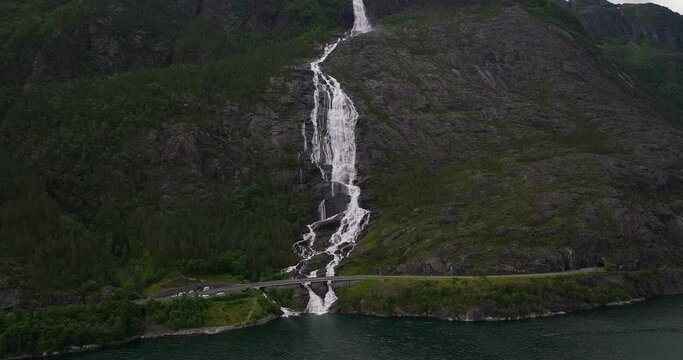 Langfossen Waterfall On The West Coast In Vestland County, Norway. Aerial Wide Shot 