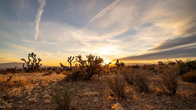 Sunset desert time lapse with dramatic colorful cloudscape