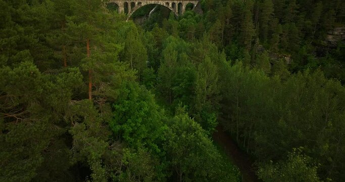 Scenic aerial reveal shot of Kylling railway bridge in Verma, Norway.