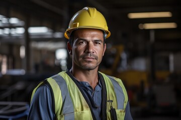 Confident Hispanic Male Factory Worker In The Construction Industry. Сoncept Industrial Manufacturing, Construction Workers, Hispanic Representation, Occupational Diversity, Confident Professionals - obrazy, fototapety, plakaty