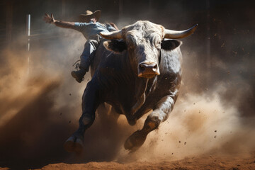 Bull Riding. A Man Falls On His Back From A Bull - obrazy, fototapety, plakaty
