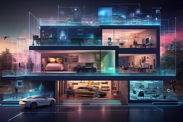 AI-Powered Future: Illustration of a world where advanced AI systems enhance daily life, showcasing smart homes, self-driving cars, and innovative technology