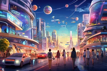AI-Powered Future: Illustration of a world where advanced AI systems enhance daily life, showcasing smart homes, self-driving cars, and innovative technology - obrazy, fototapety, plakaty