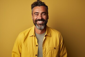 Obraz premium Handsome smiling, happy and pleased man with positive vibes. Human person dressed in fashionable, colorful and fun clothes. Generative AI, AI