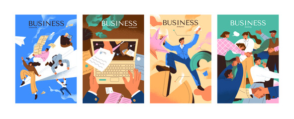 Business people poster. Teamwork in project. Employee works on workplace, take online offer. Marketing analysis. Businessman team, community meeting, communicate, brainstorm. Flat vector illustration - obrazy, fototapety, plakaty