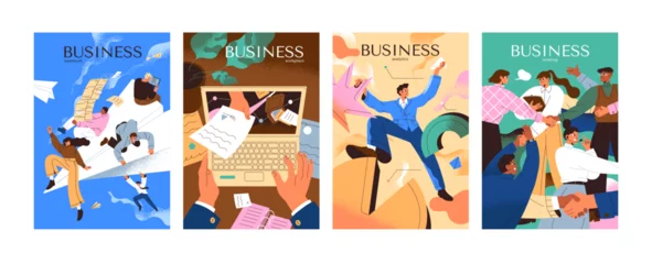 Foto op Canvas Business people poster. Teamwork in project. Employee works on workplace, take online offer. Marketing analysis. Businessman team, community meeting, communicate, brainstorm. Flat vector illustration © Paper Trident
