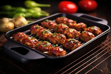 bbq meatball skewers on a cast iron grill pan - obrazy, fototapety, plakaty