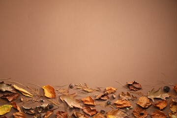Flat lay composition with dry autumn leaves on brown background, space for text