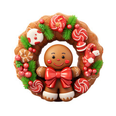 Obraz na płótnie Canvas character of a kawaii-style Christmas wreath made of gingerbread, with a happy face and candy decorations.