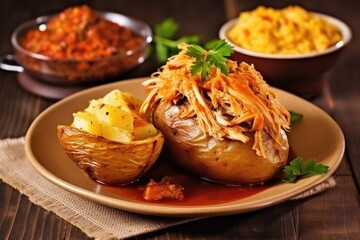 pulled chicken soaked in sauce served with baked potato