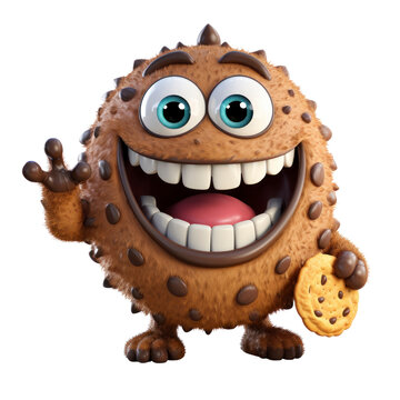 Cute Cartoon happy little monster with a cookie for a body and chocolate chip eyes, smiling widely, on isolated white background.