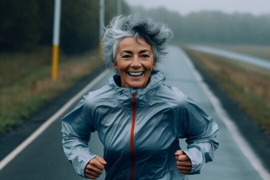 Mature Woman Embracing Traincore Joyful Run Down the Road