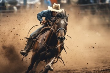 Cowboy Rides Bucking Bronco Horse In Dusty Rodeo Arena. Сoncept Wild West Adventures, Rodeo Spectacle, Cowboy Lifestyle, Thrilling Horseback Riding, Dusty Arena Action - obrazy, fototapety, plakaty