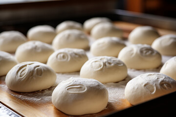 Fototapeta na wymiar tray of raw bread dough buns proving before going in the oven to bake