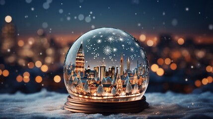 Fototapeta na wymiar Close up of a snow globe with a cityscape of downtown London. City at night with snow on the ground and background with bokeh effect. Concept of winter, holiday season and Christmas.