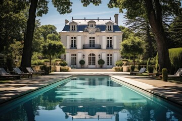 Luxurious French Mansion With Pool And Garden. Сoncept Grand Victorian Manor With Ornate Architecture, Vintage Elegance, Lavish Interior Design, Expansive Landscape Gardens - obrazy, fototapety, plakaty