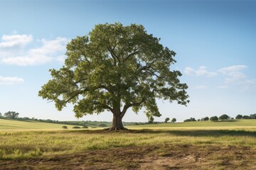Fototapeta na wymiar Lonely Oak Tree Stands Tall In Field