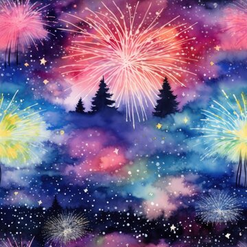 Rainbow Fireworks Watercolor seamless 