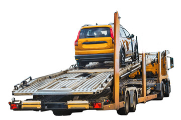 Isolated tow truck on white background. The Tow truck with the broken family car on the road. Car...