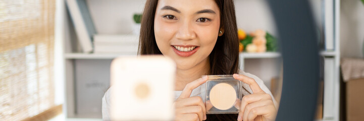 Beautiful women with social media influences recommend products and make-up accessories to be more beautiful, Recording vlog video live streaming, Online business of beauty bloggers.