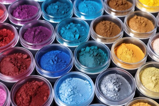 view of eyeshadow pigments in containers ready to be mixed