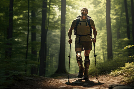 Man With Prosthetic Leg Hikes In Woods During Springsummer