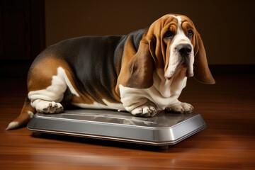 Obese Basset Hound On Scale. Сoncept Pet Weight Management, Obesity In Dogs, Basset Hound Health, Health Monitoring For Pets, Weight Loss Tips For Dogs - obrazy, fototapety, plakaty