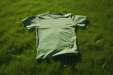 Organic Green Tshirts On Grass Lawn Background