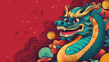 2024 chinese new year dragon in red and white design, happy lunar new year background - obrazy, fototapety, plakaty