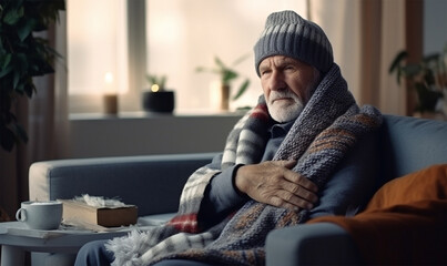 An elderly man in a hat and blanket looks tired and is freezing on the sofa in the apartment. The concept of heating and the cost of housing and communal services. - obrazy, fototapety, plakaty