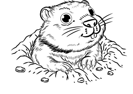 recommend clip art: Groundhog hand draw Black and white line art semi-cartoon style illustration for the concept of Groundhog Day and decorate greeting card.