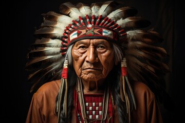 Portrait Of Native American Apache Chief With Headdress