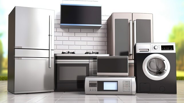 Home appliances. Tv, refrigerator, microwave, laptop and washin