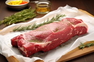 Fototapeta premium whole raw lamb leg prepped with garlic and rosemary rub, on butcher paper
