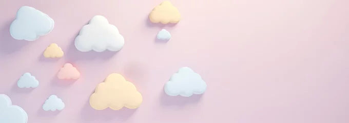 Tuinposter Cute pastel clouds Pink 3d clouds set isolated on a light pastel background. Render magic clouds icon in the blue sky. 3d geometric shapes illustration Fluffy cute background © annebel146
