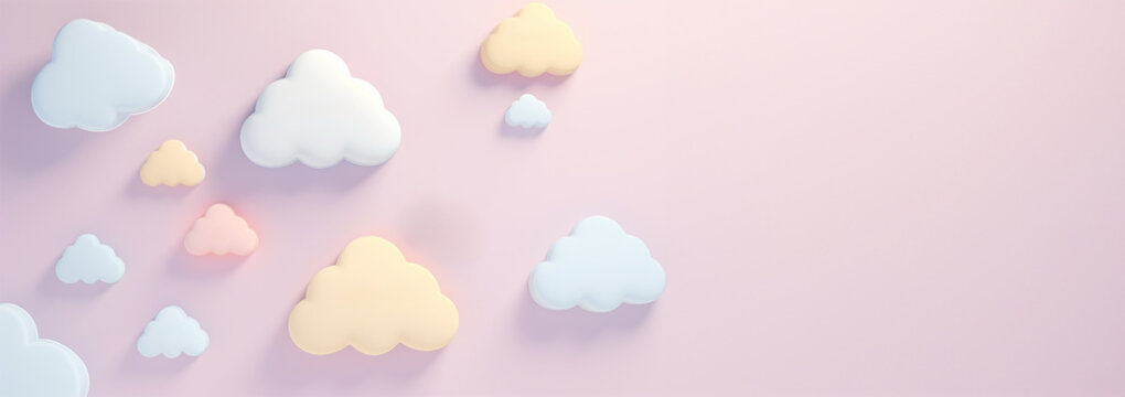 Cute pastel clouds Pink 3d clouds set isolated on a light pastel background. Render magic clouds icon in the blue sky. 3d geometric shapes illustration Fluffy cute background