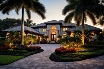 Fototapeta na wymiar Stunning Florida House With Palm Trees And Landscaped Garden