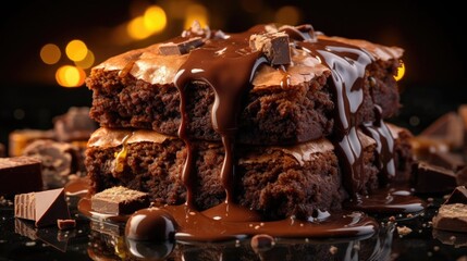 chocolate brownies filled with melted sweet chocolate on black background and blur - obrazy, fototapety, plakaty