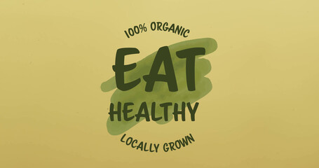 Composite of eat healthy text over green and orange background with copy space