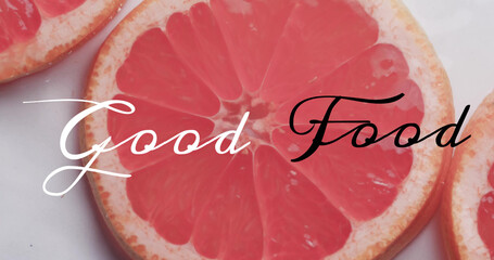Composite of good food text over fresh fruit in water with copy space