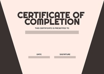 Certificate of completion text in black, holding space for name, date and signature on beige